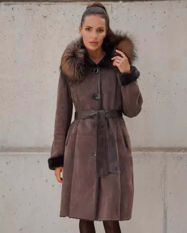 Sale | Brown suede sheepskin coat with a hood