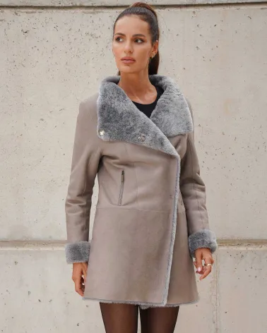 Sale | Gray sheepskin coat with a stand-up collar
