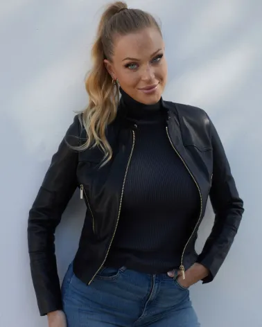 Black leather jacket with a stand-up collar