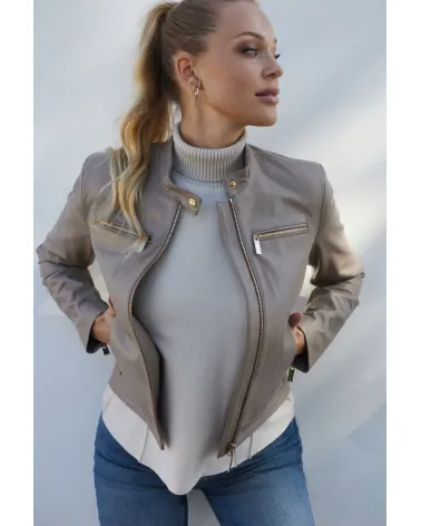 Beige leather jacket with a stand-up collar