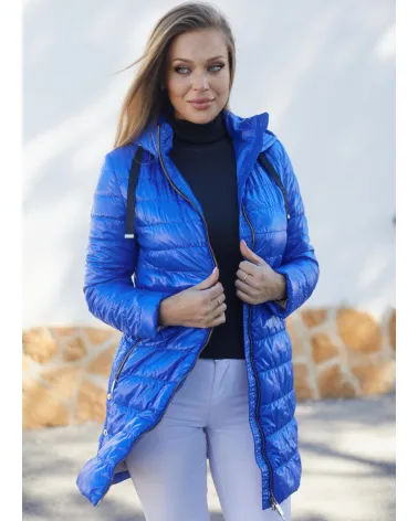 Cornflower blue quilted jacket with a hood