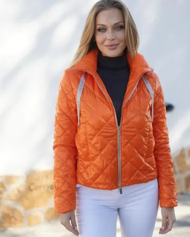 Orange quilted jacket with a hood