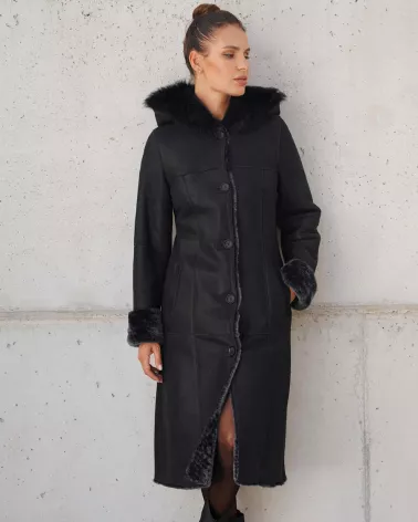 Sale | Black long sheepskin coat with a hood