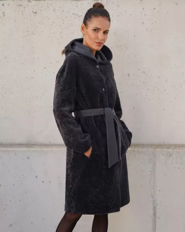 Sale | Double-sided graphite sheepskin coat with a hood