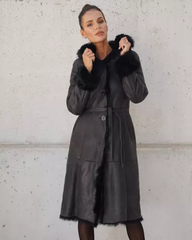 Sale | Long graphite sheepskin coat with a hood