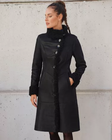 Sale | Black sheepskin coat with stand-up collar