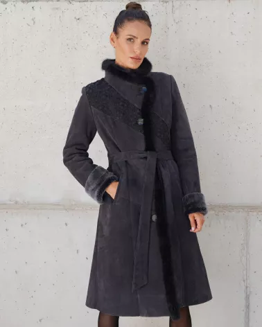 Sale | Graphite Suede Sheepskin Coat with Stand-Up Collar