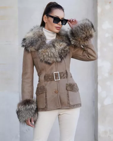 Sale | Dark beige sheepskin coat with separate belt