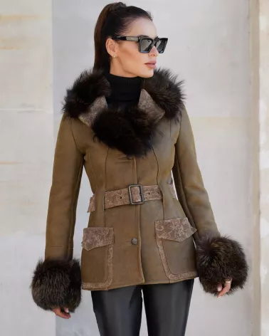 Sale | Olive sheepskin coat with separate belt