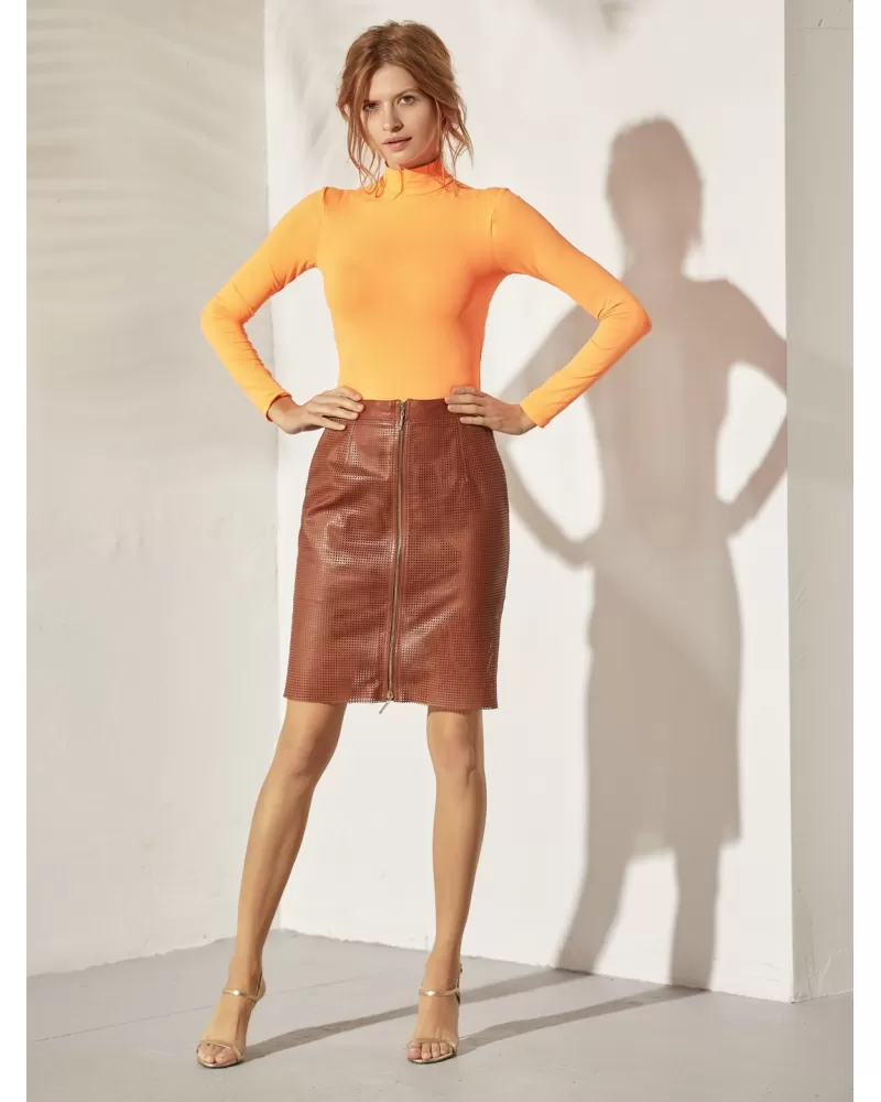 Brown perforated leather skirt