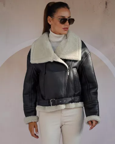 Black aviator sheepskin coat