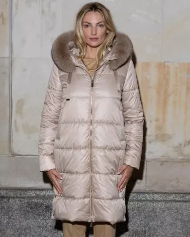 Beige down jacket with a hood