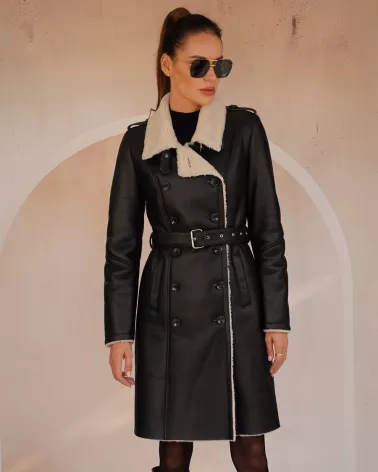 Black sheepskin coat with separate belt