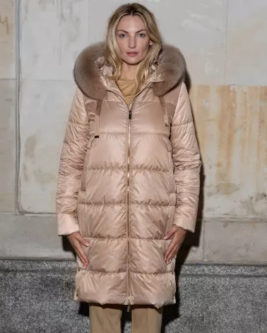 Beige down jacket with a hood