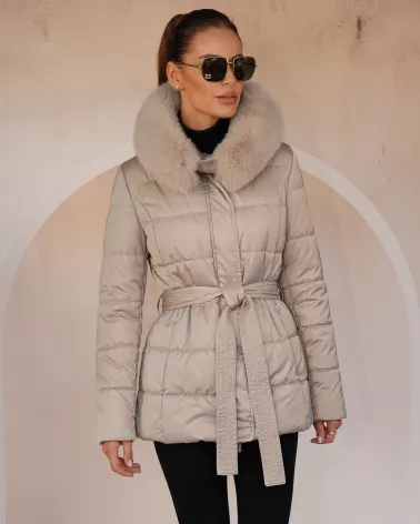 Beige Daunenjacke mit Kapuze