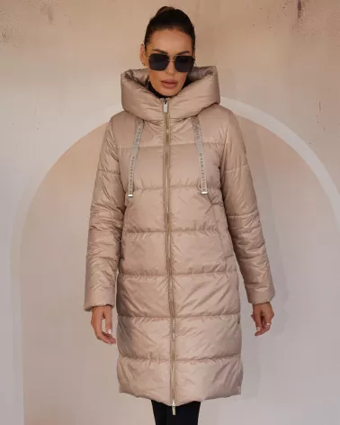 Beige down jacket with a hood