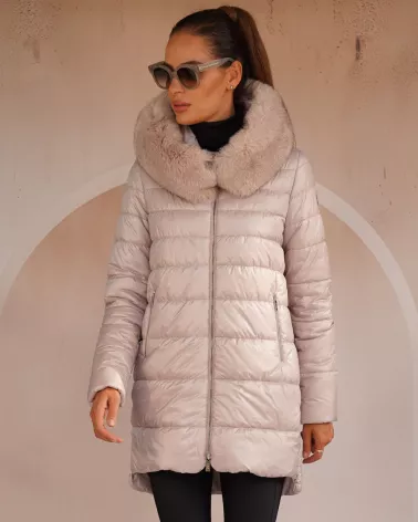 Pale pink down jacket with a hood