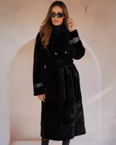 Black long sheepskin coat with separate belt