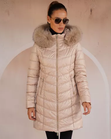 Beige Daunenjacke mit Kapuze