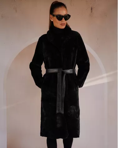 Black reversible sheepskin coat with a separate belt