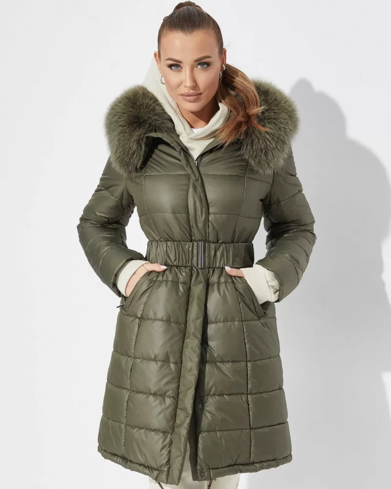 Khaki classic winter jacket with fox fur