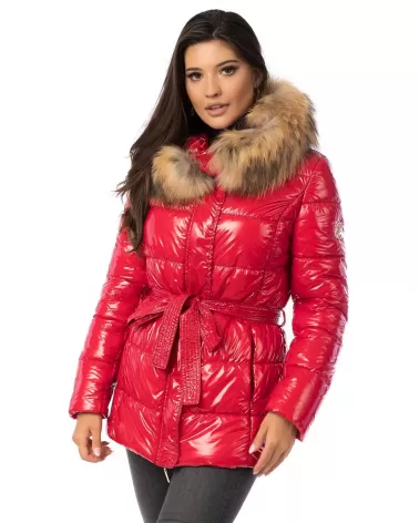 Shiny red mediu-lenght padded jacket with racoon fur