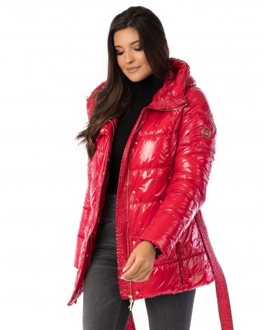 Shiny red medium-lenght winter jacket with hood