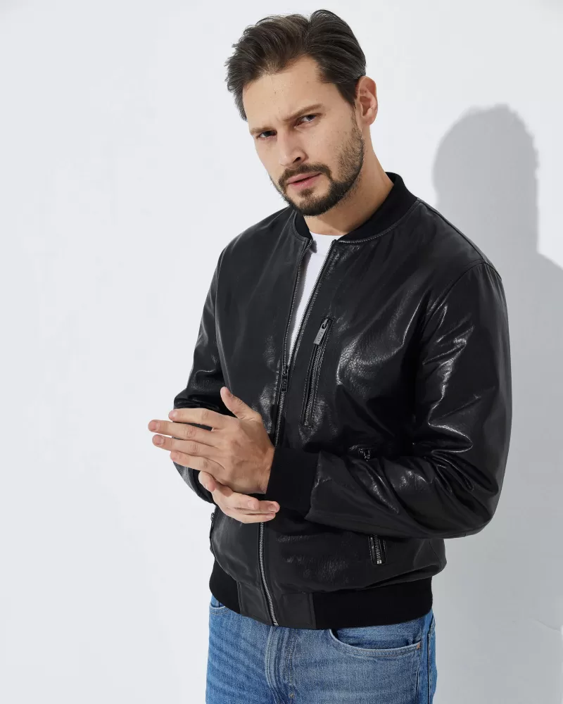 Black leather bomber jacket with zipper