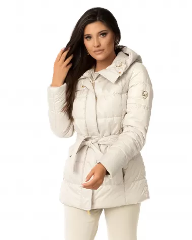 Light beige medium-lenght padded jacket with hood