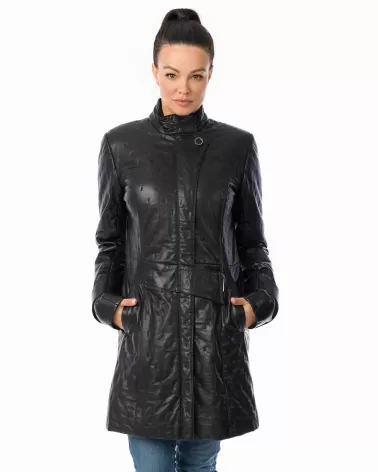 Sale | Black leather coat with a stand-up collar