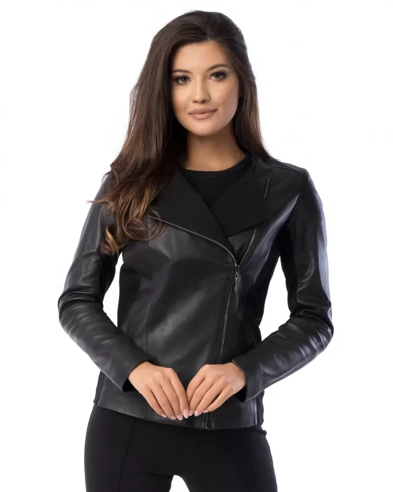 Sale | Black leather jacket with asymmetrical fastening