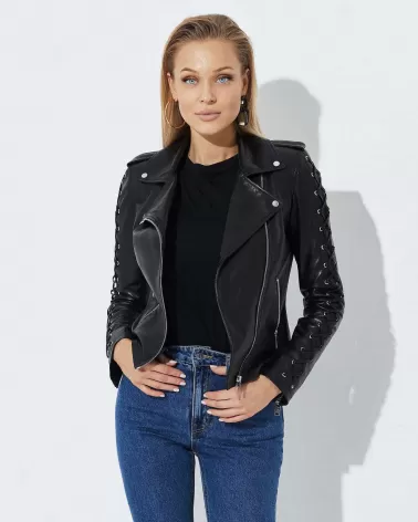 Black leather jacket with lacing on the sleeves