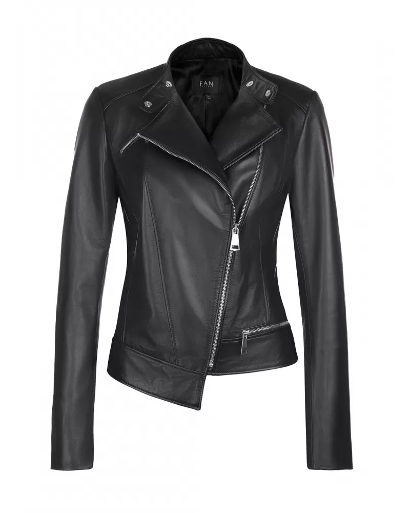 Sale | Black leather jacket with asymmetrical fastening