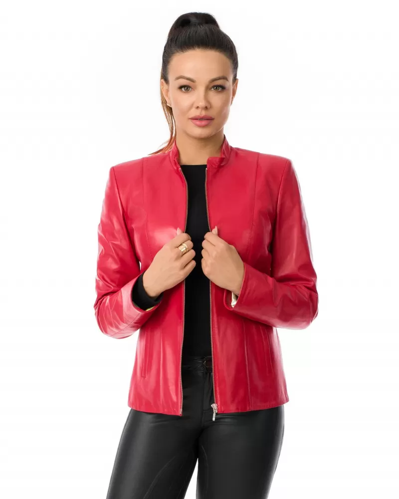 Sale | Red leather jacket with a stand-up collar