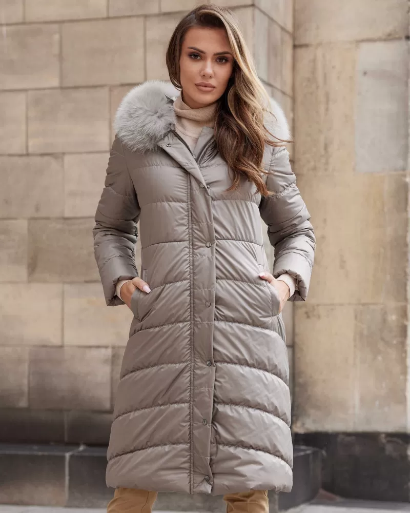 Silver and beige down jacket with a hood