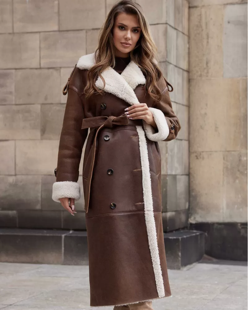 Walnut long sheepskin coat