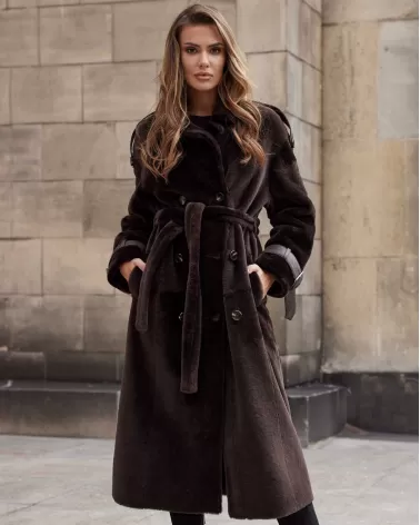 Brown long sheepskin coat with separate belt