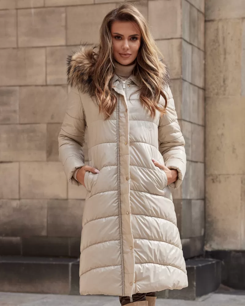 Beige down jacket with a hood