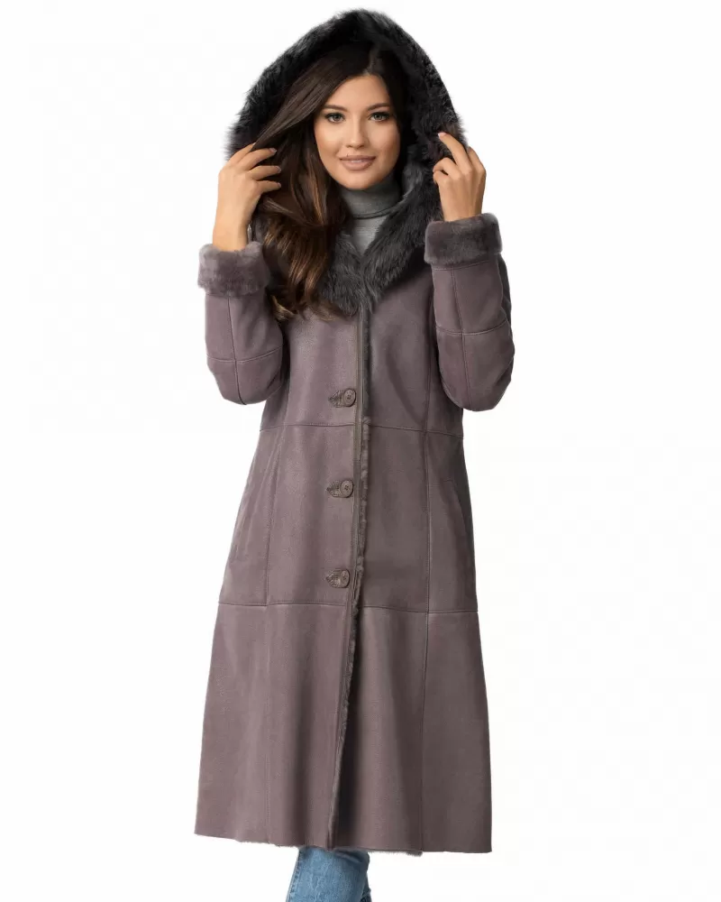 Sale | Gray sheepskin coat with a hood