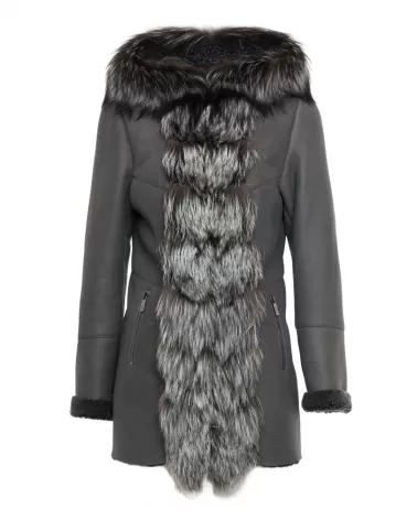 Sale | Graphite suede sheepskin coat with a hood
