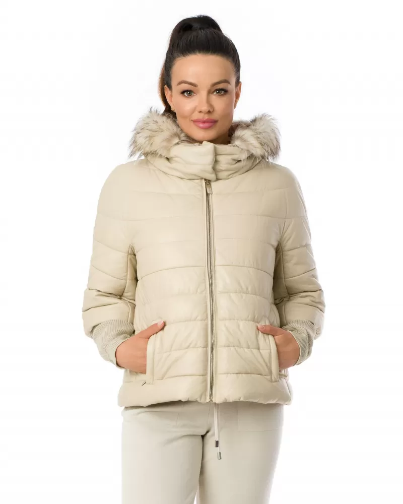 Sale | Beige 2-in-1 hooded leather jacket