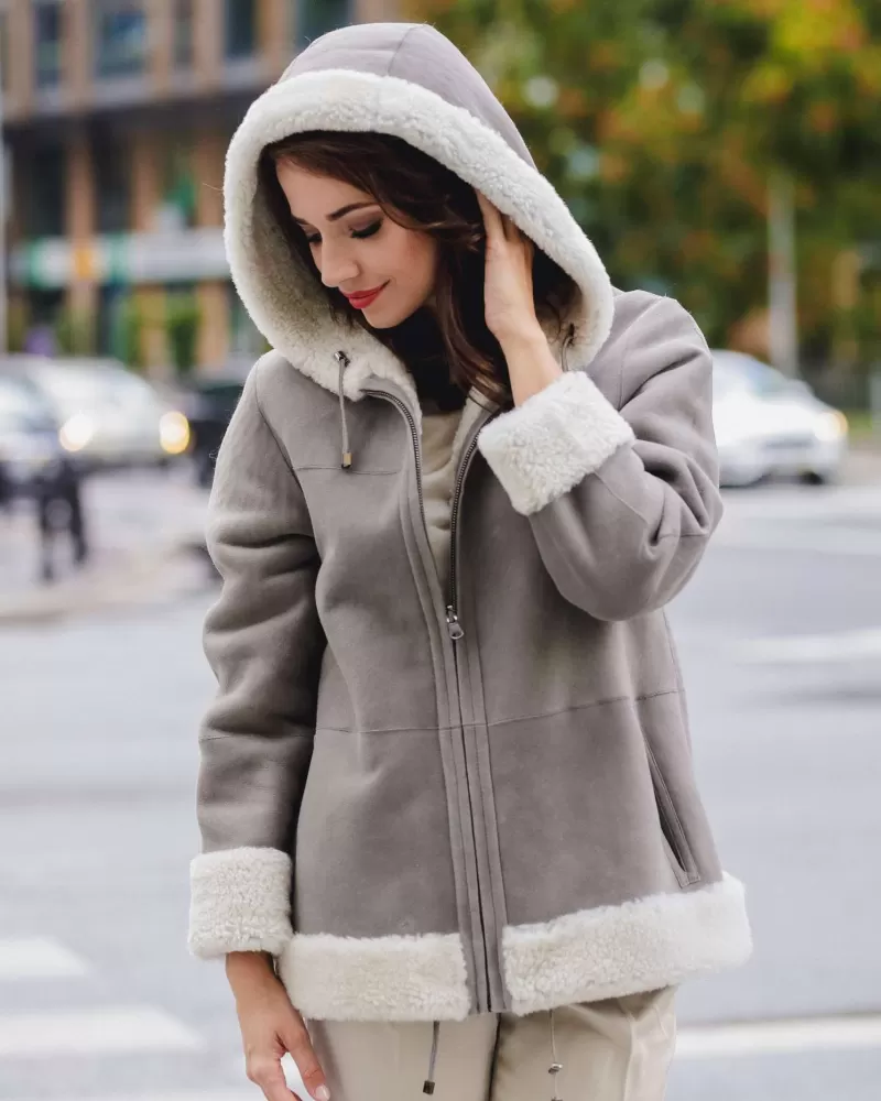 Sale | Gray suede sheepskin coat with a hood