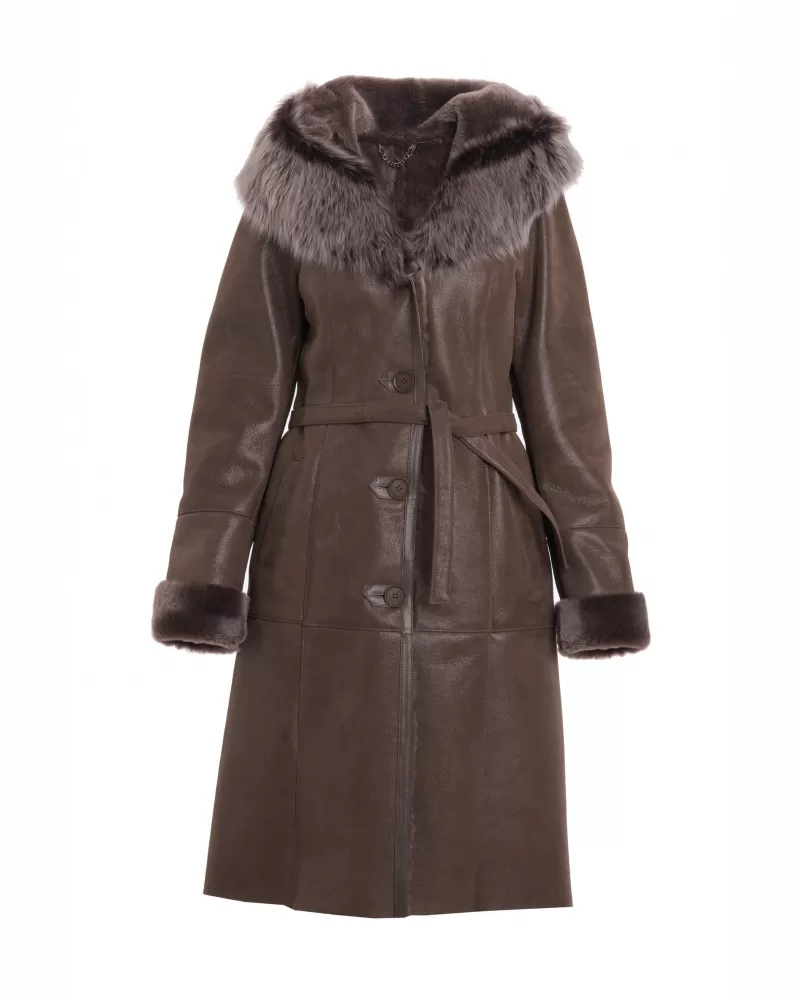 Long sheepskin coat with a hood