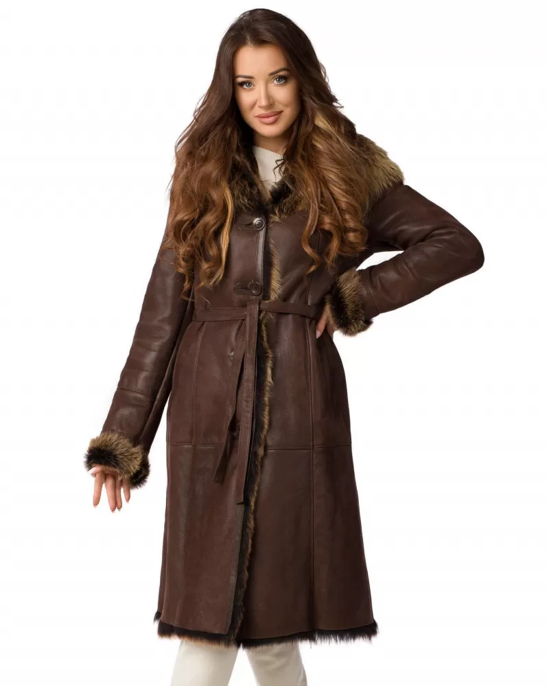 Sale | Brown sheepskin coat with a hood