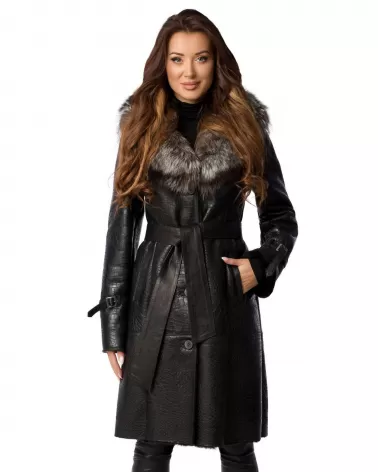 Sale | Black sheepskin coat trimmed with fox fur
