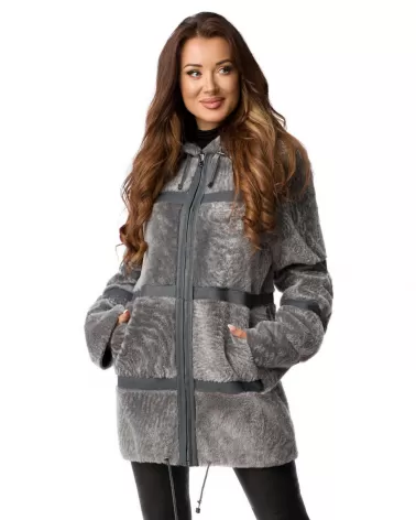 Sale | Gray double-sided sheepskin coat with a hood