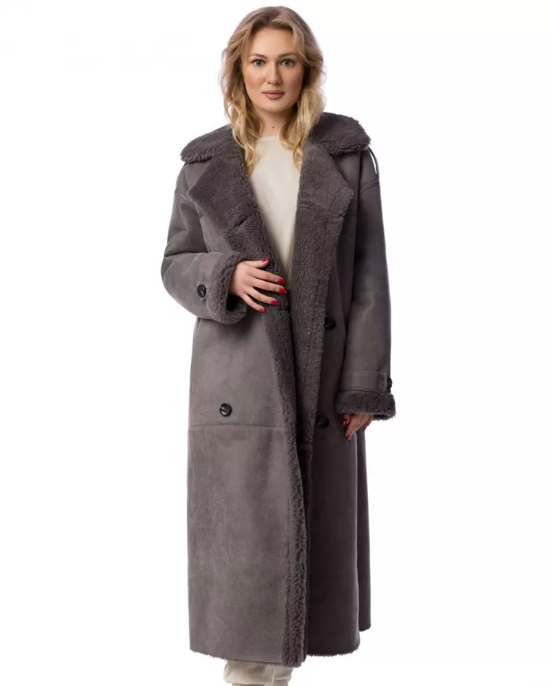 Gray long sheepskin coat