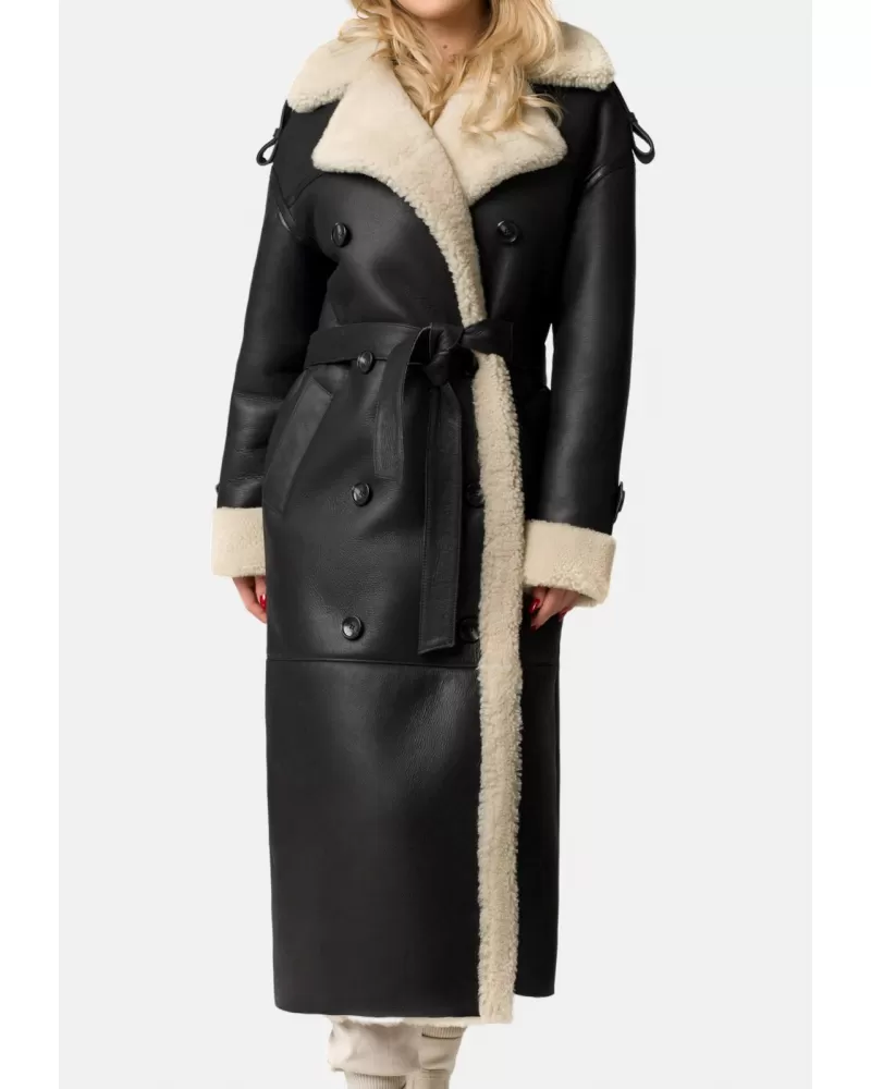 Black long sheepskin coat size S