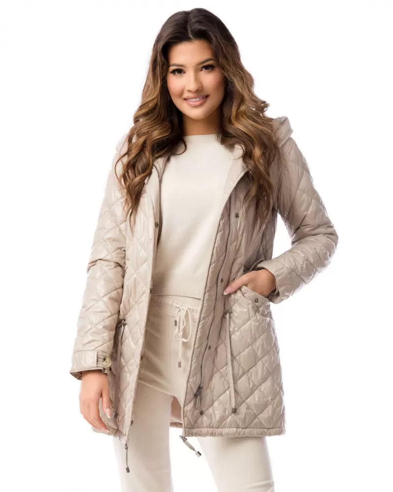 Beige quilted jacket with a hood