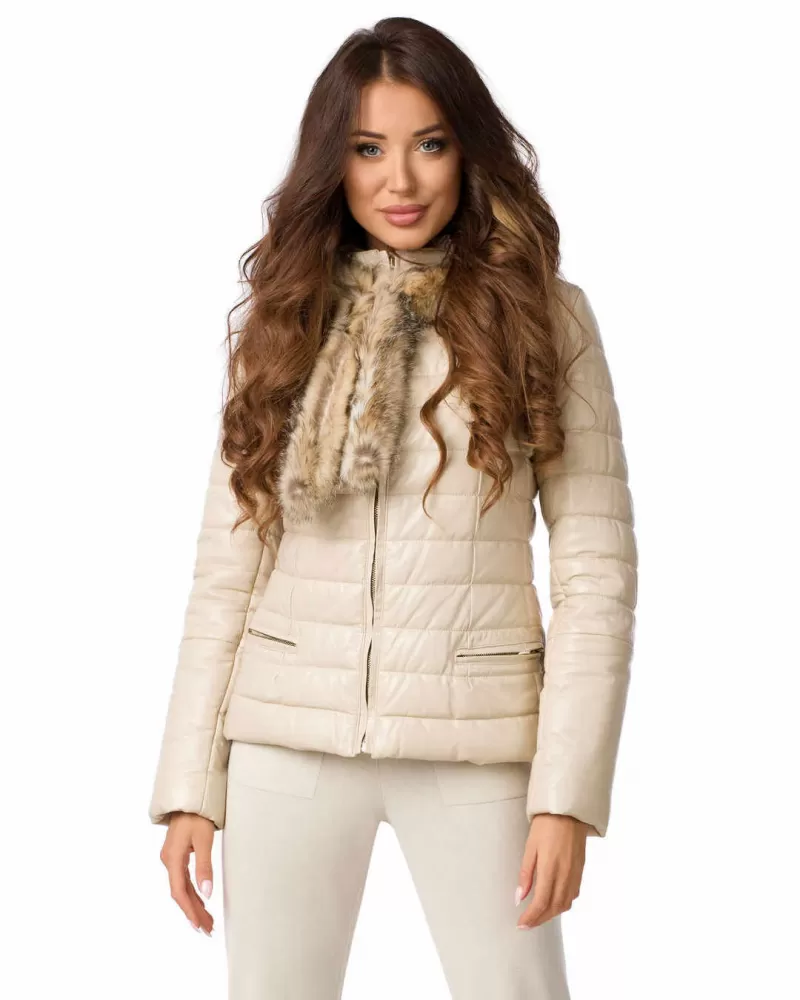 Sale | Beige leather jacket with a hood